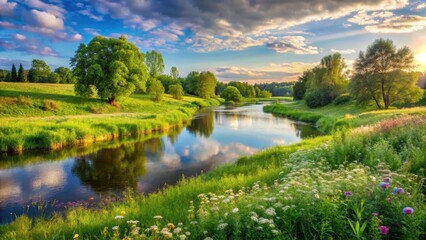 Panoramic view of a serene summer landscape with lush green meadows and a gentle flowing river surrounded by trees and wildflowers, peaceful scene, river