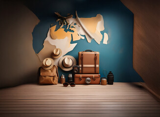 A collection of travel essentials luggage, hats, camera, and water bottles are arranged before a stylized world map on a teal wall, suggesting wanderlust and adventure.
