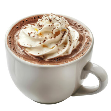 Delicious hot chocolate in white ceramic cup topped with whipped cream and chocolate shavings, isolated on white background.