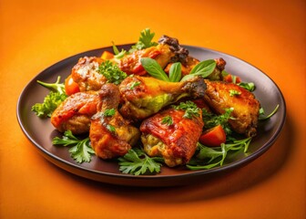 Fototapeta premium Crisp chicken wings, vibrant orange backdrop, minimalist black plate, fresh herbs and salad garnish.