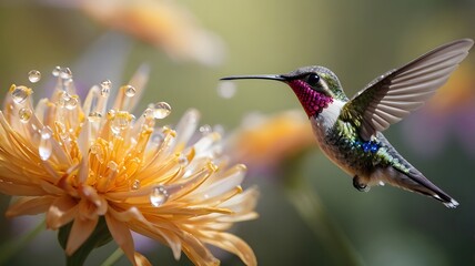 Fototapeta premium Hummingbird in Flight Near Wildflower