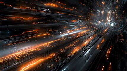 Abstract futuristic tunnel, orange lights, fast motion, technological background, ideal for sci-fi concepts