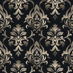 Elegant damask pattern in gold and black, perfect for upscale interior design.