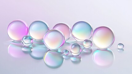 Iridescent bubbles floating elegantly on a white background with pastel reflections for creative inspiration. Generative AI