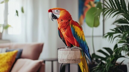 A colorful parrot sits gracefully on a decorative stand, adding charm and vibrancy to a stylish home interior.