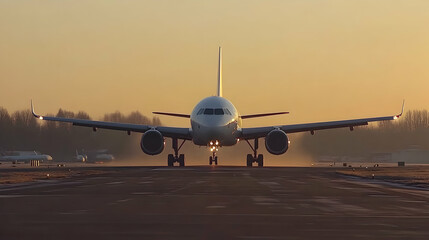 Airplane taxiing at dawn, runway, sunrise