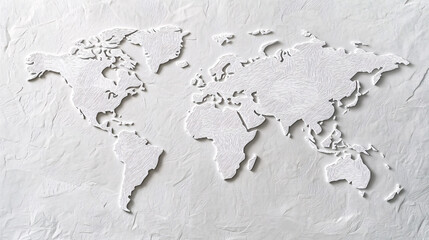 A minimalist embossed world map with a textured white plaster surface creating a modern and elegant global representation


