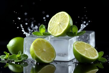 Vibrant Green Limes Glistening with Ice and Mint on Dark Background with Copy Space