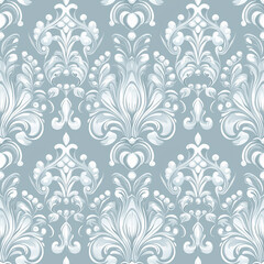 Elegant damask pattern in soft blue and white tones, perfect for interior design.