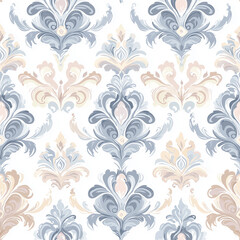 Elegant floral damask pattern in soft blue and pastel hues on a light background.