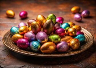 Delicious chocolate eggs, a sweet Easter treat, candidly photographed against a rich brown backdrop.