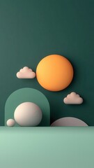 Abstract 3D Render Pastel Spheres Sun Clouds Green Background Minimalist Design