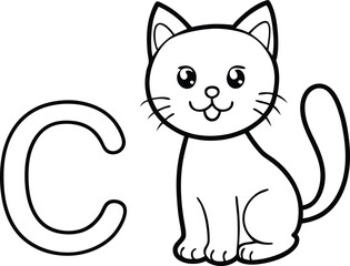 Vector coloring book alphabet with capital letters C for Cat illustration