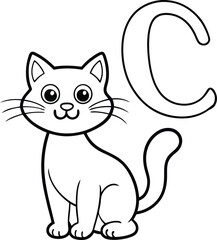 Vector coloring book alphabet with capital letters C for Cat illustration
