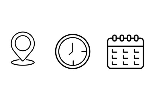 Time, date and address icon set. Calendar, clock, location. Editable stroke. Linear vector outline illustration. Vector illustration.