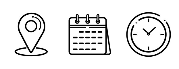 Time, date and address icon set. Calendar, clock, location. Editable stroke. Linear vector outline illustration. Vector illustration.