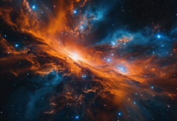 Naklejka premium Vibrant cosmic nebula with swirling gases and stars.