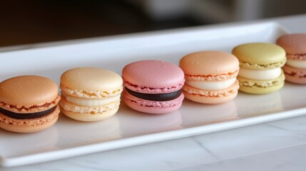 Fototapeta premium A close-up of colorful macarons in a variety of pastel shades, arranged in neat rows on a white porcelain plate