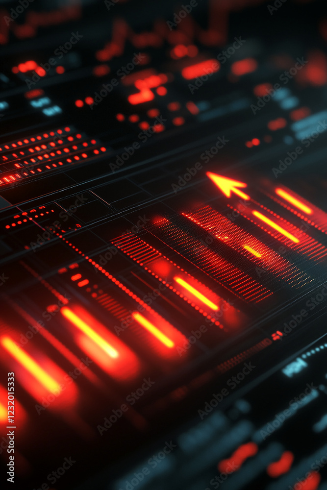 Poster Close-up shot of a futuristic user interface with red glowing data patterns and cursor, showcasing a modern digital design symbolizing technology, progress, and innovation.