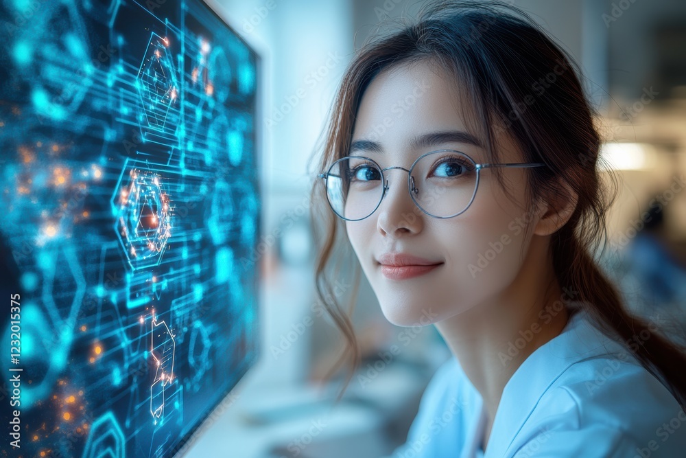 Poster a young woman with glasses smiles while working on an innovative digital interface, showcasing advan