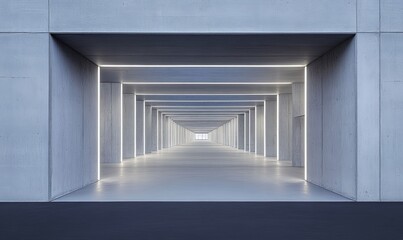 Obraz premium Modern concrete hallway with glowing lights, ideal for architectural visualization or futuristic backgrounds