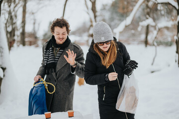 Two friends enjoying a snowy winter day outdoors with a sled and hot drinks, showcasing winter...