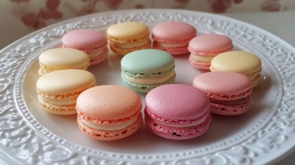 Fototapeta premium A close-up of colorful macarons in a variety of pastel shades, arranged in neat rows on a white porcelain plate