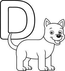 Vector coloring book alphabet with capital letters D for Dog illustration