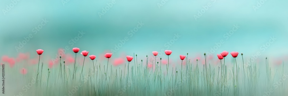Poster beautiful minimalist landscape showcasing a row of red poppies rising from a misty green field, bath