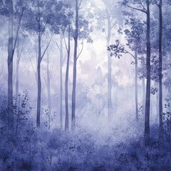 Serene Watercolor Painting Of A Misty Blue Forest