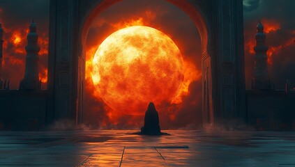 A lone figure stands before a giant red sun setting behind an archway in a dramatic fiery landscape

