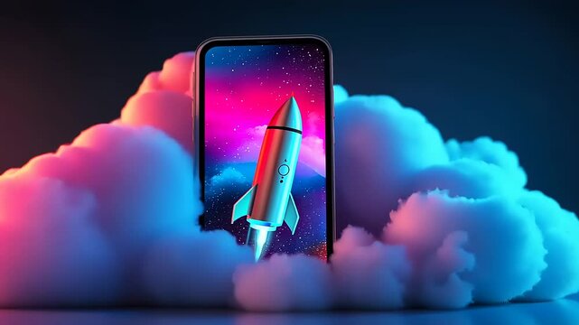 Smartphone Displaying Rocket Launch Against Colorful Background