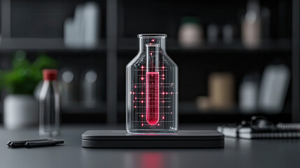 3D holographic model of test tube inside laboratory flask, showcasing innovative industrial design. glowing elements create futuristic atmosphere