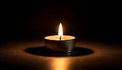 A single lit tea light candle casts a warm glow on a dark surface.