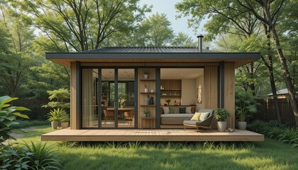  fEco-conscious small home design featuring green energy-efficient systems, highlighting smart architecture and sustainable living in a compact space