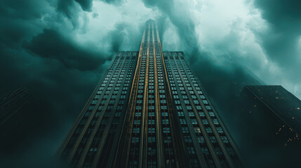 Skyscraper rises above dark stormy clouds, showcasing power and mystery in the skyline