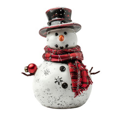 Festive snowman with a red scarf and top hat, holding a holiday ornament. Perfect winter decoration for Christmas celebrations.
