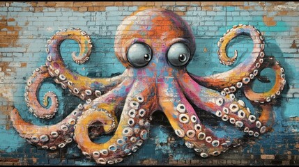 Obraz premium Vibrant Octopus Graffiti Art on Old Brick Wall with Colorful Tentacles and Playful Eyes
