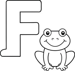 Vector coloring book alphabet with capital letters F for Frog illustration 
