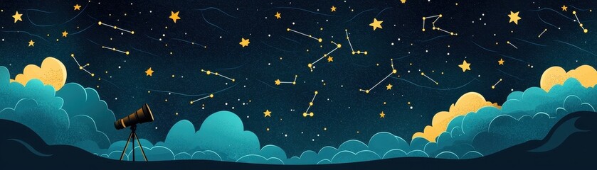 Night Sky Illustration Telescope Stars Constellations Cloudscape