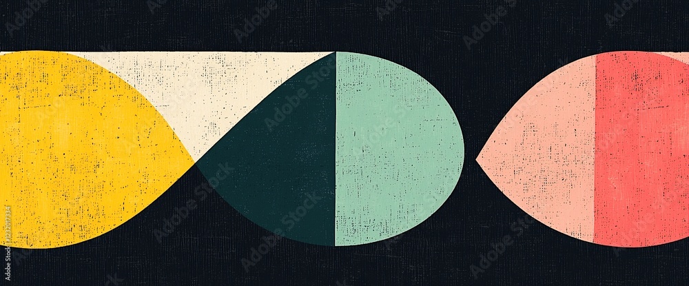 Poster abstract geometric design with interconnected pastel shapes on a dark background.