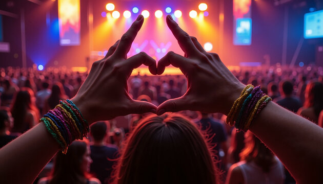 Hands forming a heart shape at a vibrant music concert with colorful lights and copy space