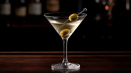 A classic martini in a sleek glass with an olive, on a dark wooden bar
