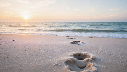 Footprints in frosty sand leading to shoreline, tranquil coastal mood