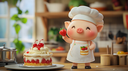 A cute cartoon pig chef holding a fresh strawberry stands proudly beside a delicious cake topped with cherries in a cozy kitchen filled with baking tools and vibrant decor