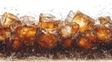 Close-Up of Ice Cubes in an Americano Coffee Against a White Background with Bubbles and Texture Details