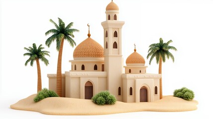 Naklejka premium Serene Desert Mosque Miniature Model Architectural Details and a Tranquil Oasis Setting