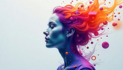 Dynamic abstract portrait of a woman with colorful hair studio setting digital art creative environment side view modern aesthetics