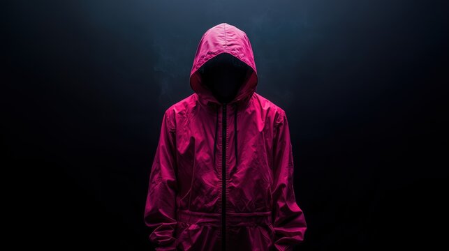 A mysterious figure dressed in a pink hooded overall and a black mask stands against a dark background.