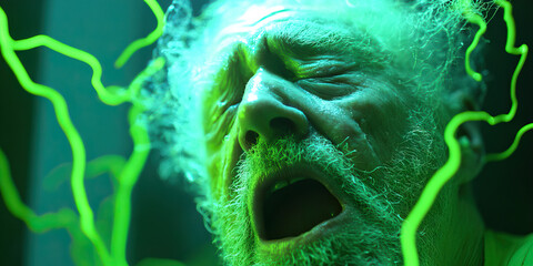 Close-up of Elderly Man's Face with Green Lighting and Lines